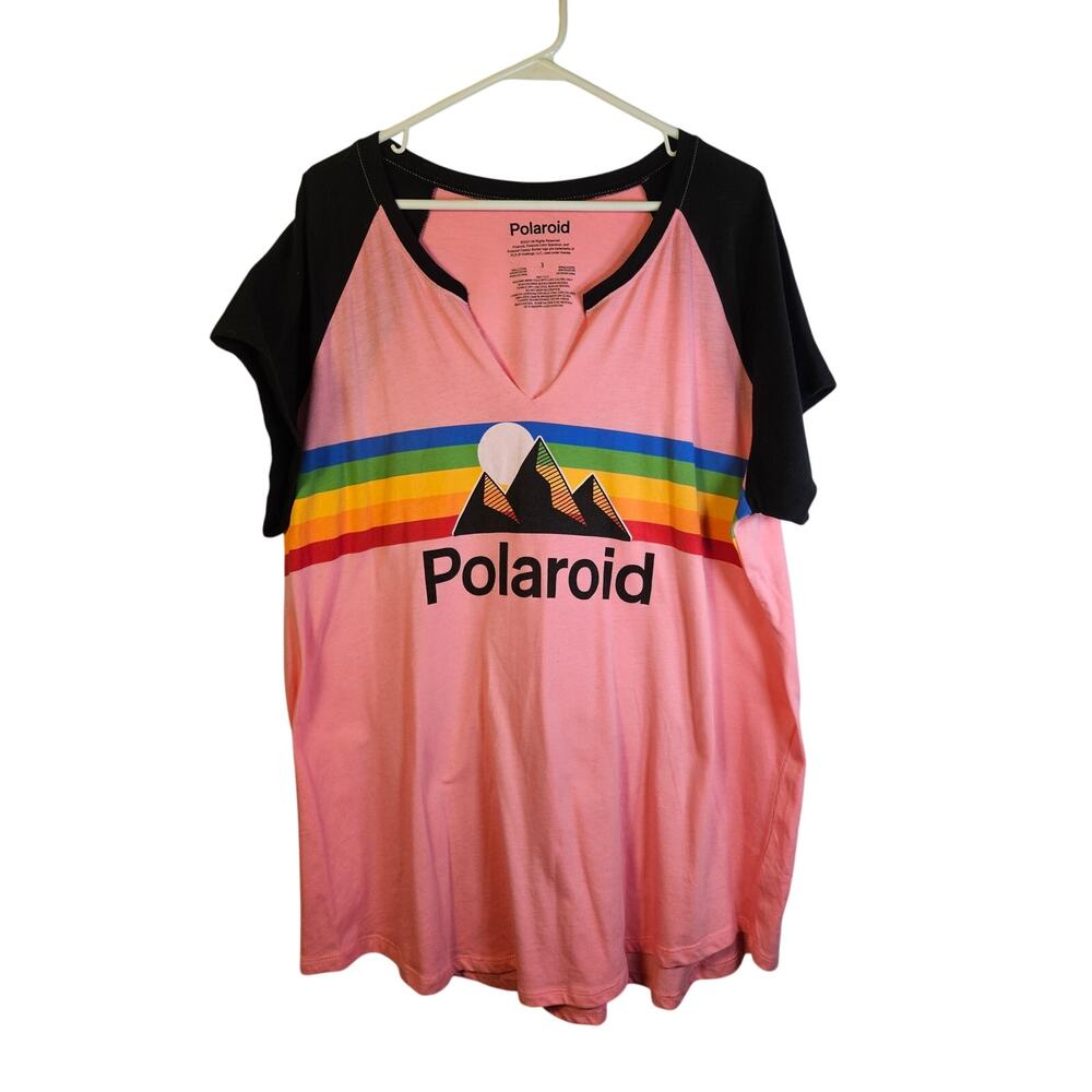 Polaroid Women's V Neck Tshirt‎ Size 3X Pink Black Sunrise Rainbow Henley Style